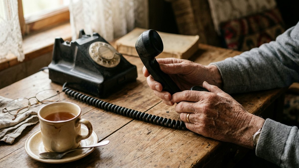 Ilustracja: dłonie seniora trzymające słuchawkę starego telefonu na drewnianym stole