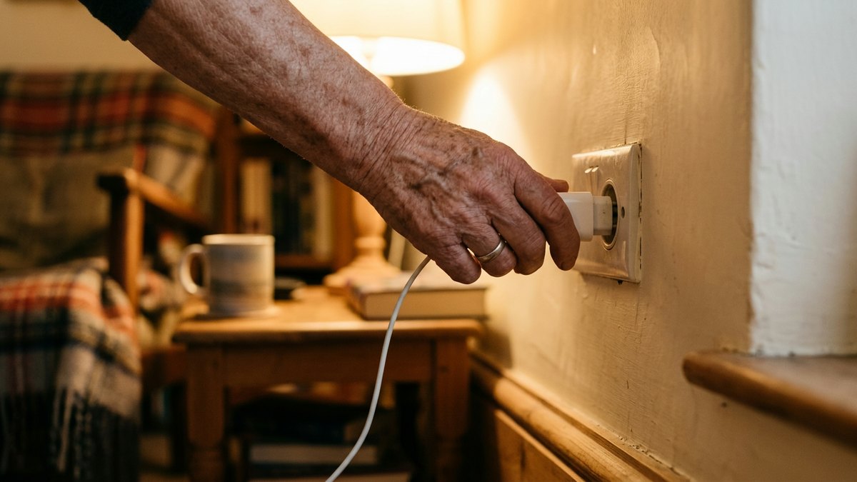 Ilustracja: dłoń seniora odłączająca ładowarkę telefonu z gniazdka w przytulnym pokoju