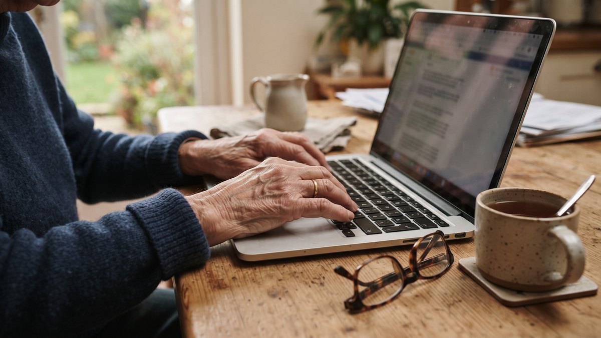 Ilustracja: dłonie seniora na klawiaturze laptopa na stole w kuchni obok okularów i filiżanki herbaty